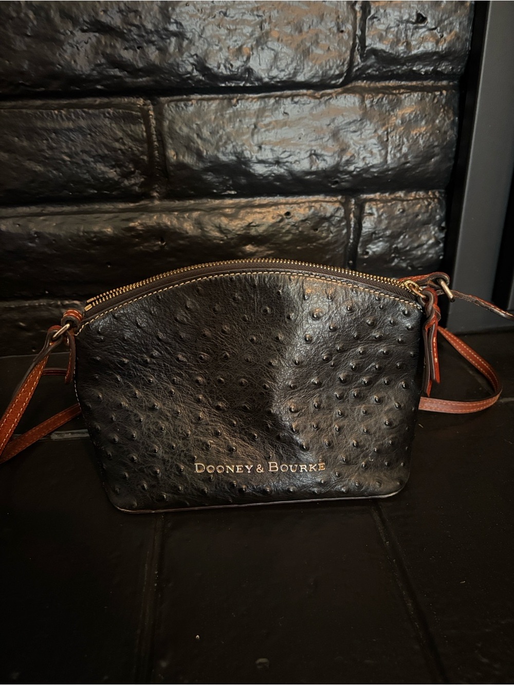 Dooney & Bourke Black Ostrich-Embossed Crossbody with Brown Strap
